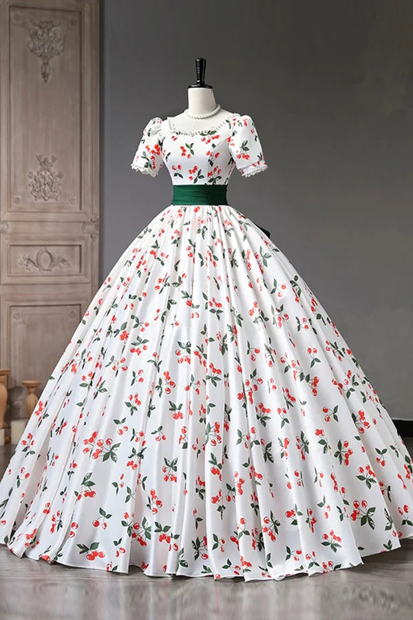 Wholesale Cute Cherry Pattern Long Princess Prom Dress White A-Line Evening Party Dress